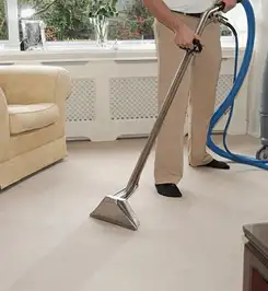 Professional carpet cleaner using a hot-water extraction wand and hose machine in a living room in Phoenix, AZ.