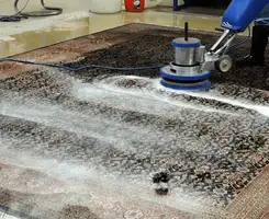 Professional rug cleaning with a rotary floor machine and shampoo foam, deep-cleaning an area rug, in Phoenix, AZ.